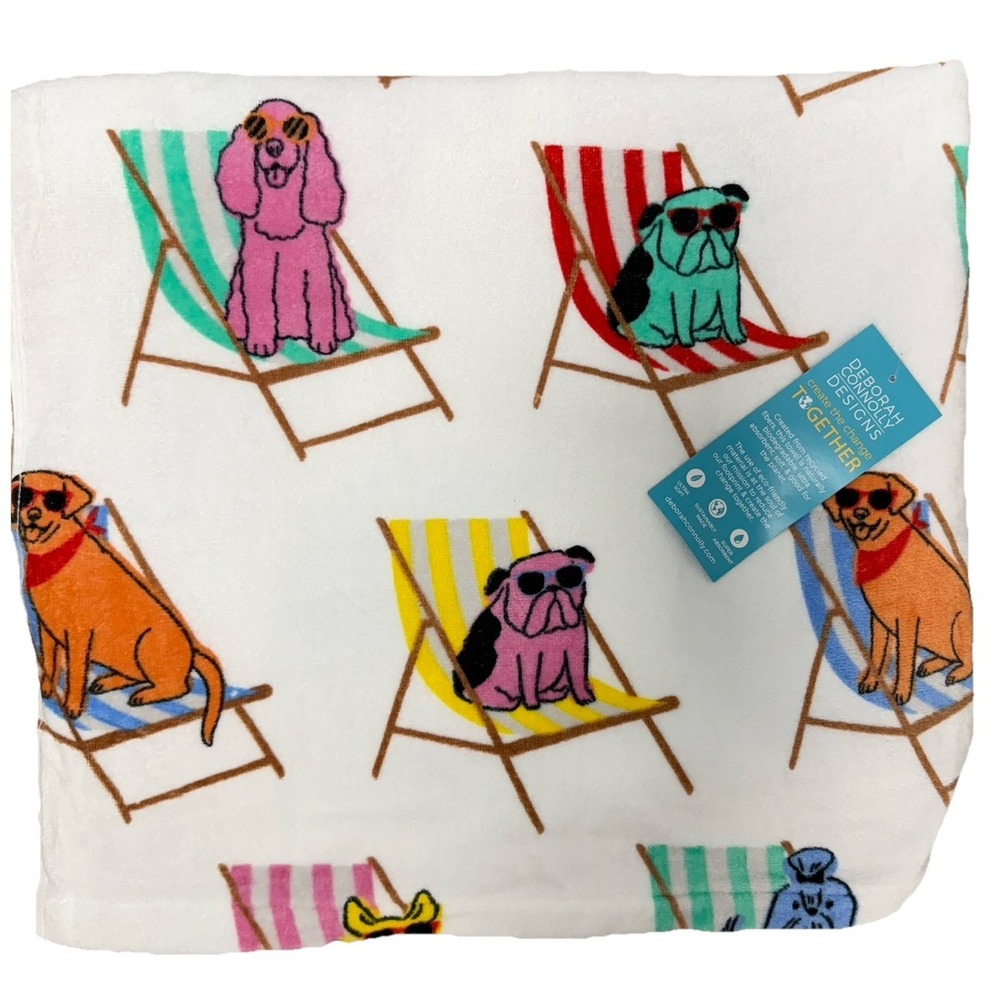 NEW Deborah Connolly Beach Towel DOGS ON CHAIRS 36 x 68 Eco Friendly Dog Print